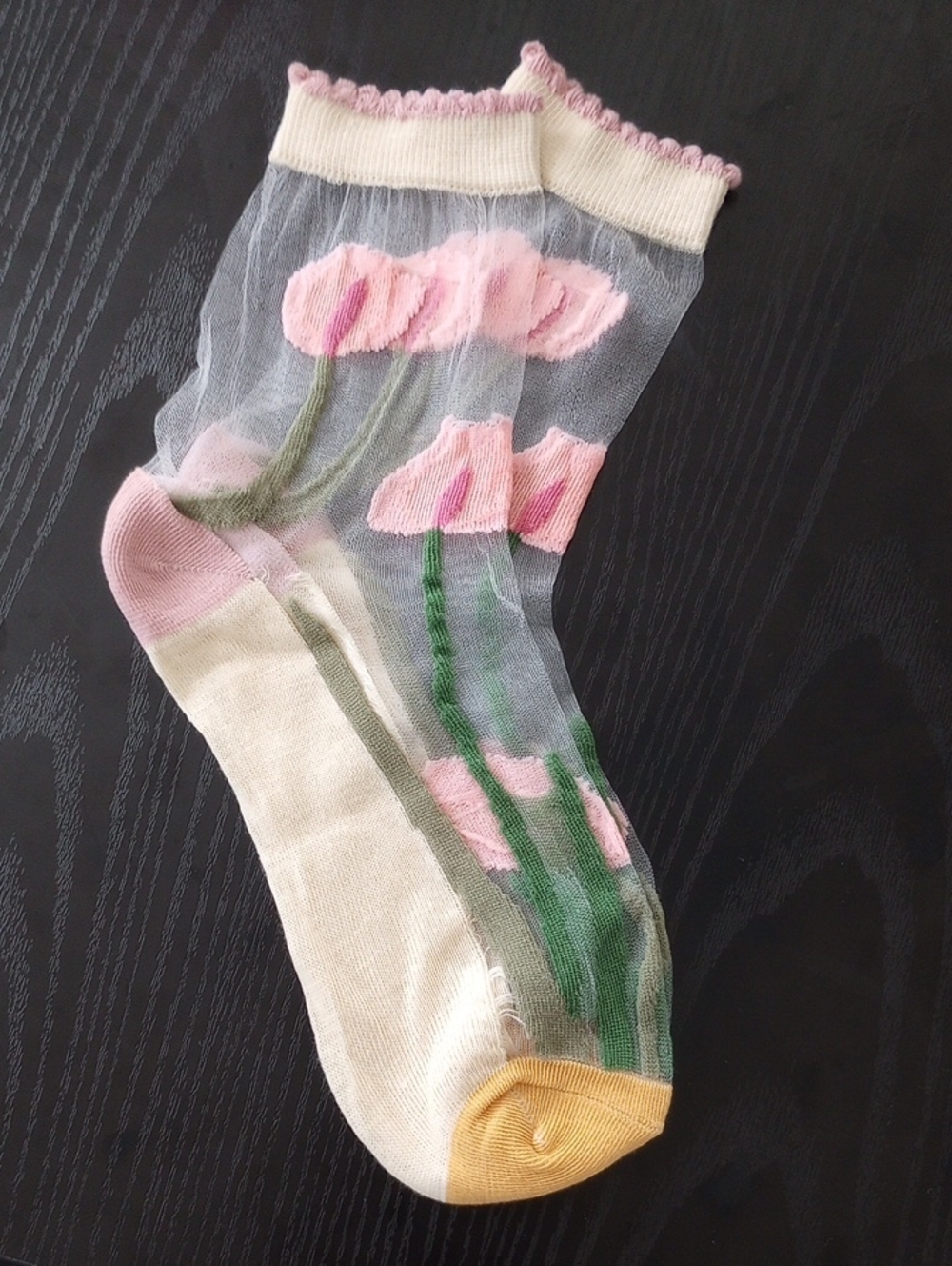 Summer Sheer Floral Crew Midcalf Socks with Pink Burgundy Blossoms